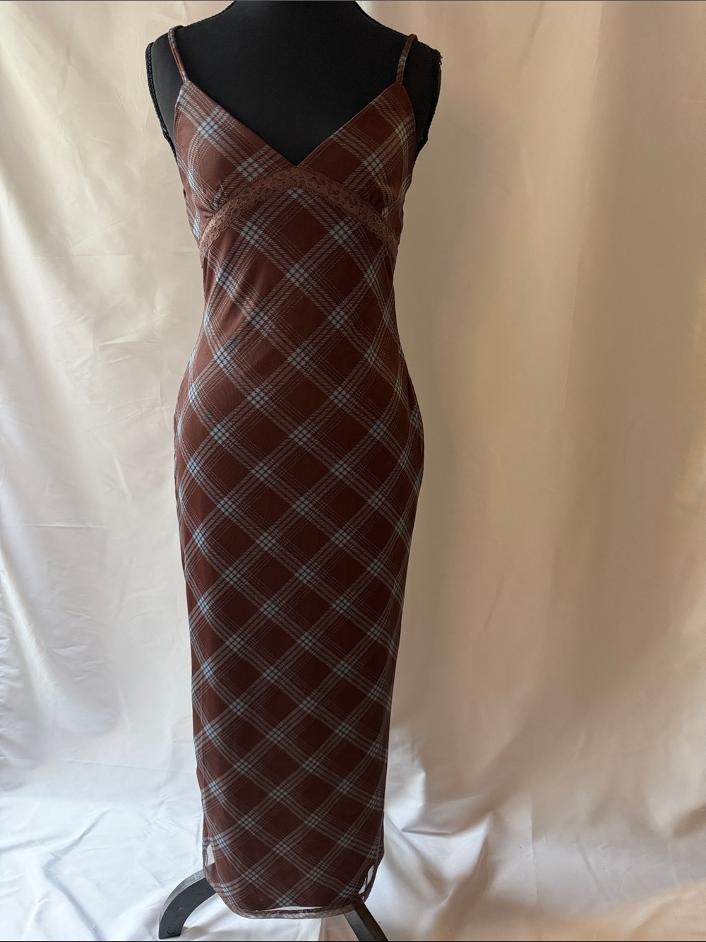 Planet Earth Brown Plaid Slip Dress with Lace Trim NWT Sz M